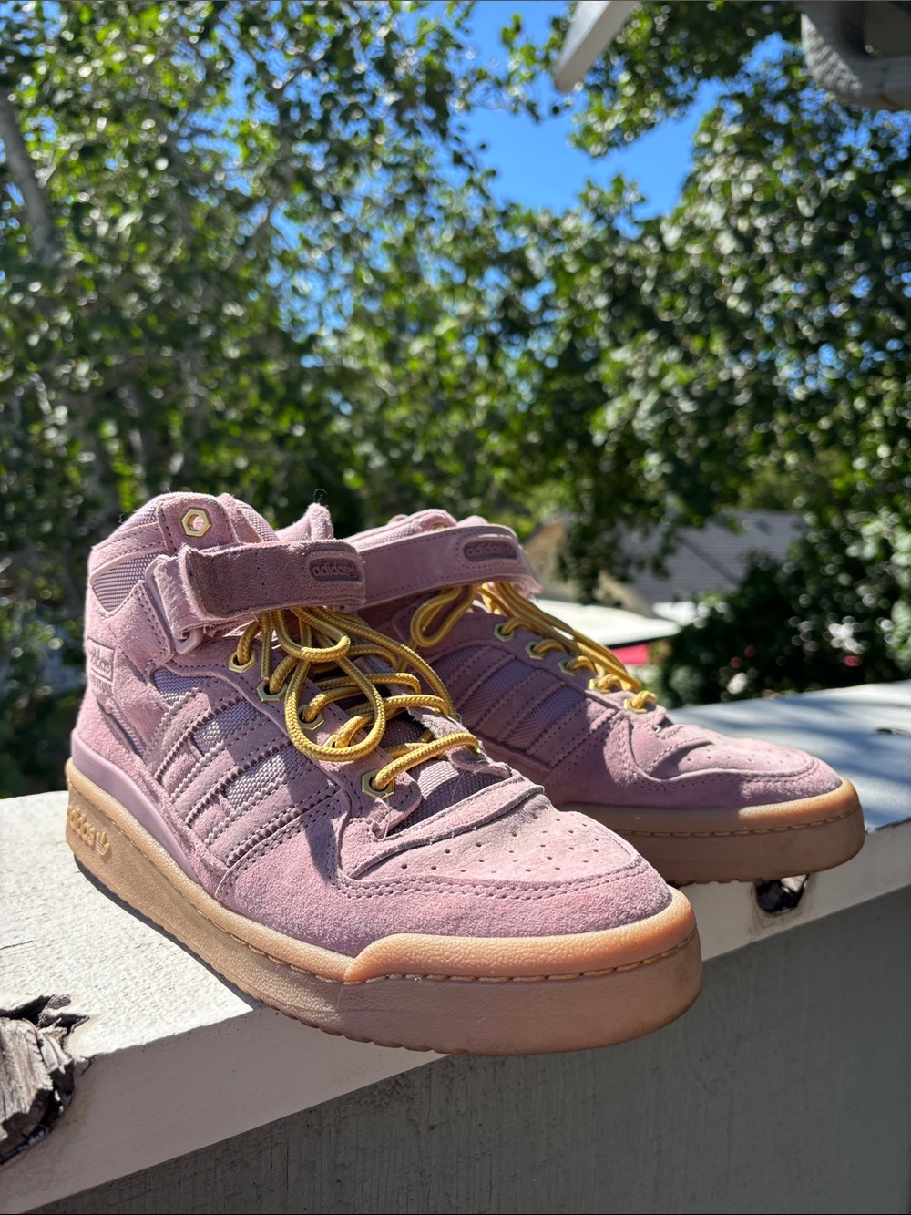 adidas Lavender Suede High-Top Sneakers with Yellow Laces